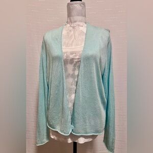 Eileen Fisher Linen Blend Glitter Knit Open-Front Aqua Blue Cardigan Sz L
